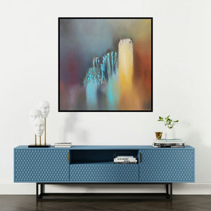 'Untitled 3 (Ethereal Horizons)' painting by Sanjay Dhawale shown on a wall in a furnished room.