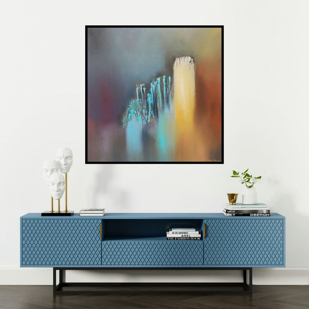 'Untitled 3 (Ethereal Horizons)' painting by Sanjay Dhawale shown on a wall in a furnished room.