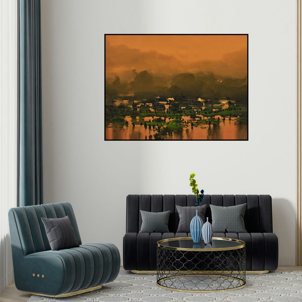 'Untitled 3 (Golden Hour)' painting by Mangesh Shinde shown on a wall in a furnished room.