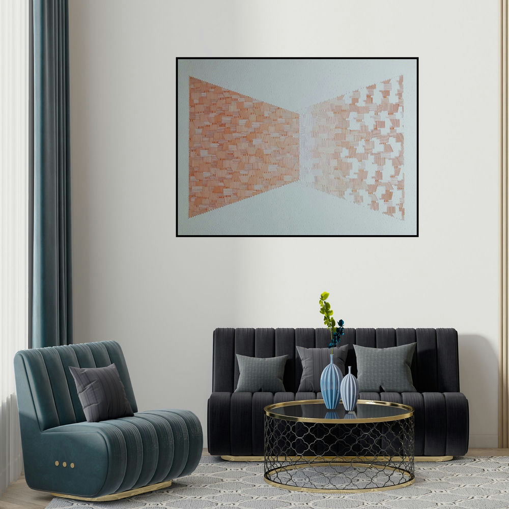 'Untitled 3 (Converging Patterns)' painting by Ishwari Manolikar shown on a wall in a furnished room.