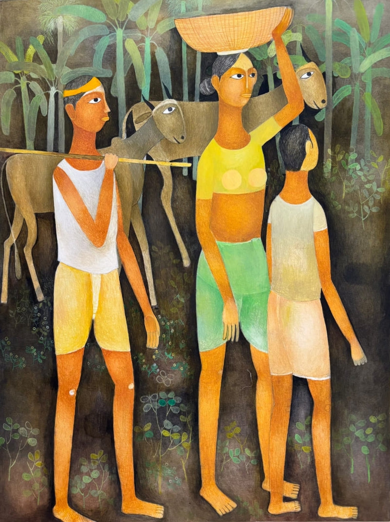 Untitled 3' figurative oil painting by artist Mohan Naik, 48x36 inch, on canvas