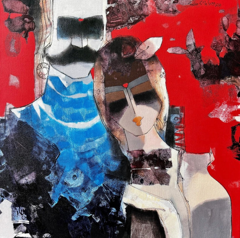 Untitled 3' figurative mixed-media painting by artist Sachin Jaltare, 24x24 inch, on canvas