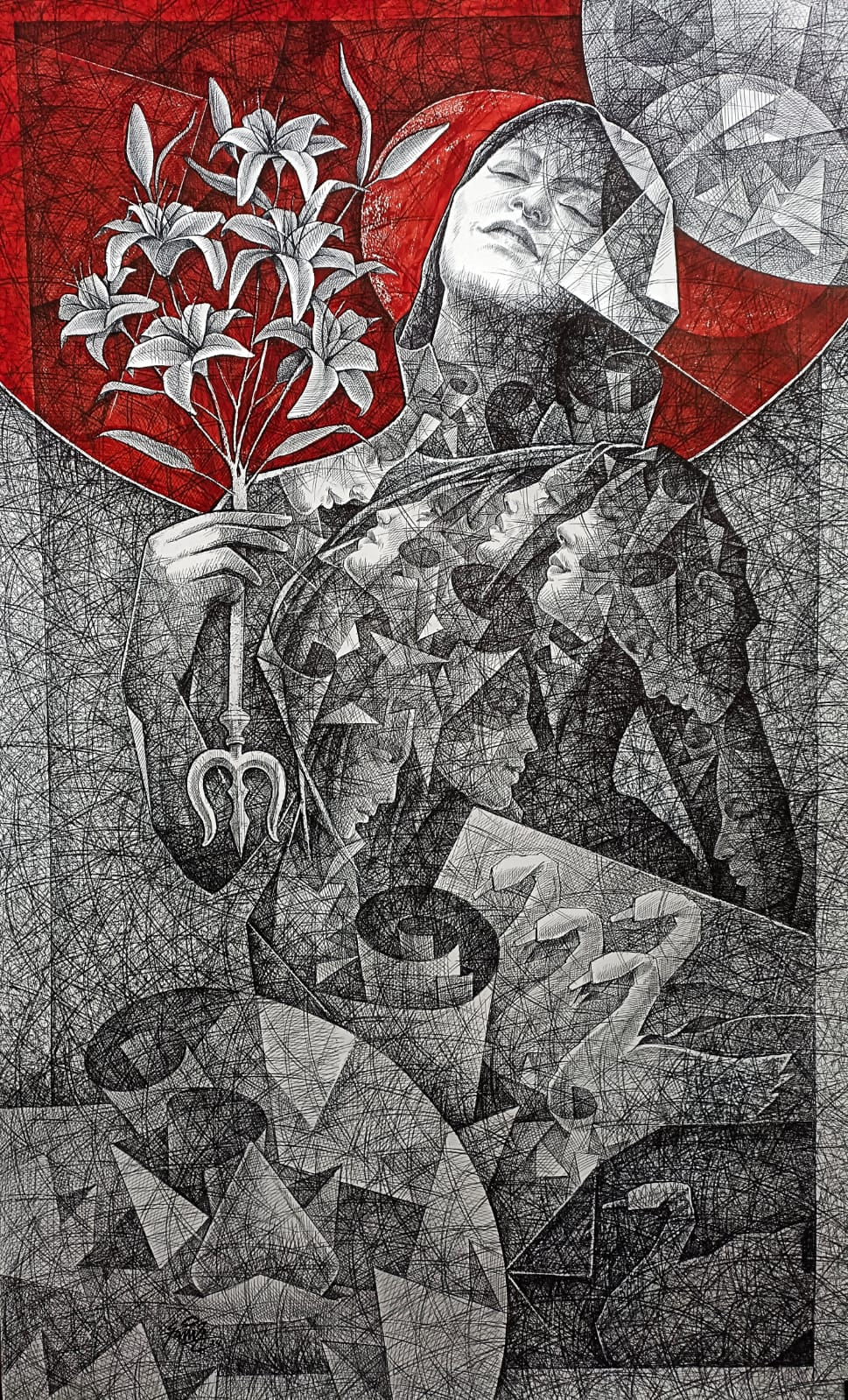 Untitled 3' figurative mixed-media painting by artist Ajay Kumar Samir, 60x36 inch, on paper