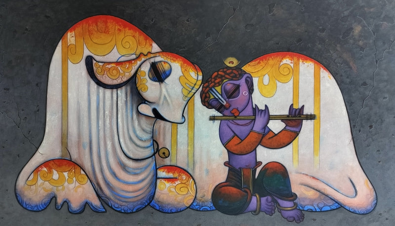 'Untitled 3' religious acrylic painting by artist Ramesh Gujar, 42x72 inch, on canvas