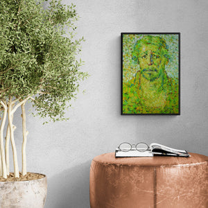 Preview of 'Untitled 3 (Verdant Contemplation)' Painting by Gopal Gangawane shown on a wall in a furnished room.