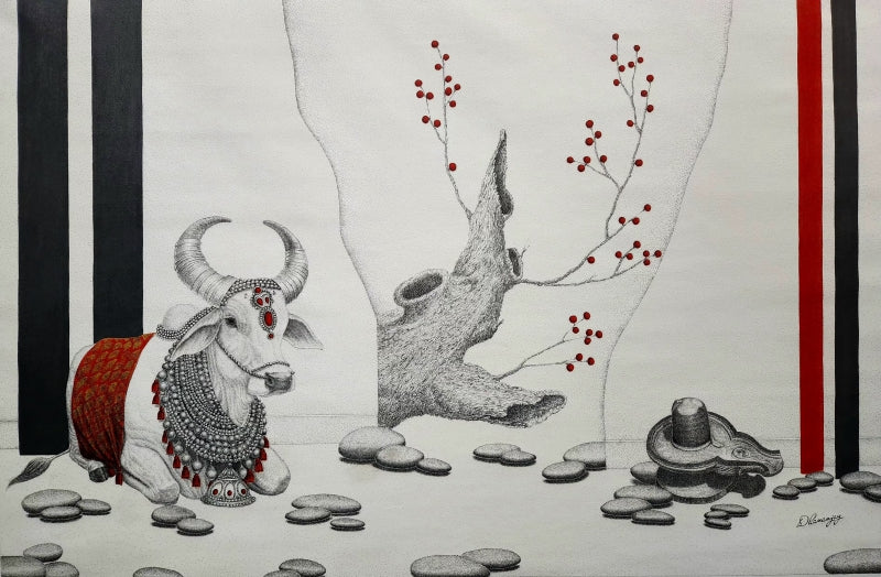 Untitled 3' religious pen-ink drawing by artist Dhananjay Thakur, 36x54 inch, on canvas