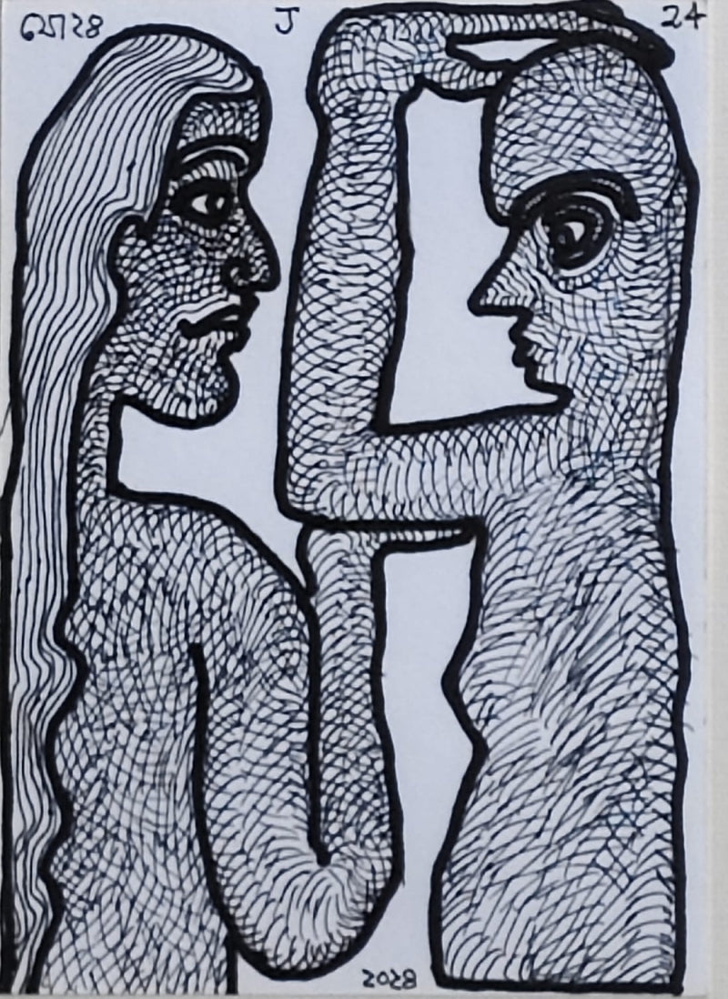 'Untitled 3' figurative pen-ink drawing by artist Jogen Chowdhury, 6x4 inch, on paper