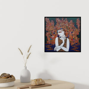 Preview of 'Untitled 3 (Urban Head)' Painting by Biswajit Mondal shown on a wall in a furnished room.