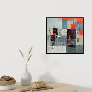 Preview of 'Untitled 3 (Red and Gray Dialogue)' Painting by Vivek Nimbolkar shown on a wall in a furnished room.