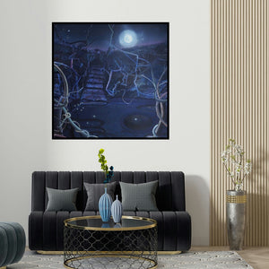 Bhagyanath C's 'Untitled 3 (Enchanted Forest)' painting visualized above a sofa in a contemporary room.