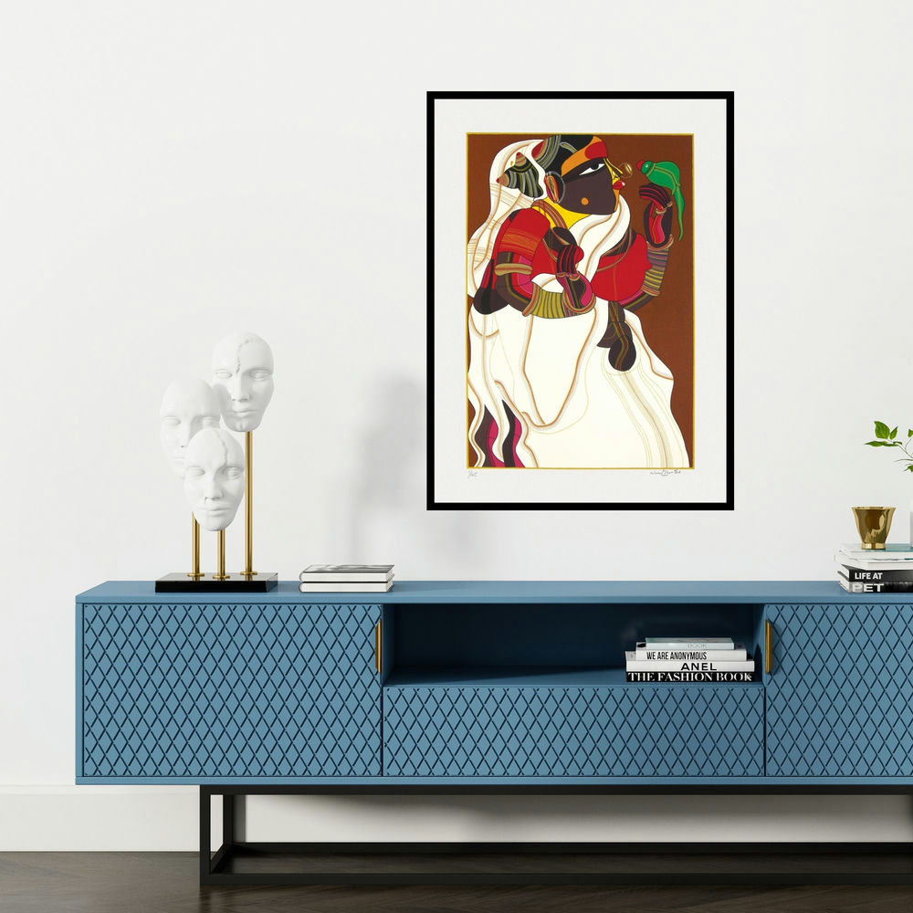 'Untitled 3 (Woman with Parrot)' painting by Thota Vaikuntam shown on a wall in a furnished room.