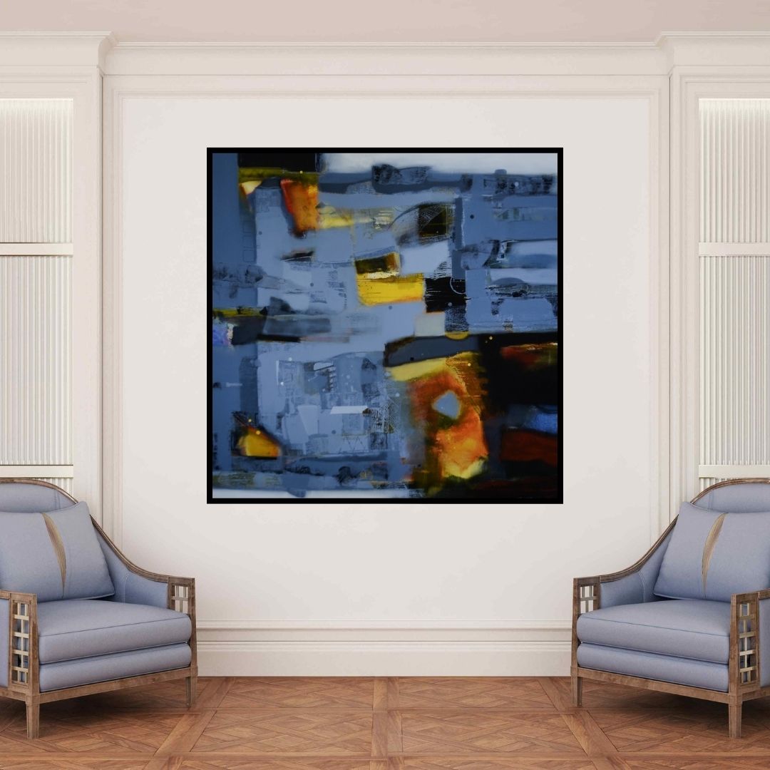 In-situ view of Sachin Pakhale's 'Untitled 3 (Blue Abstraction)' painting in a room