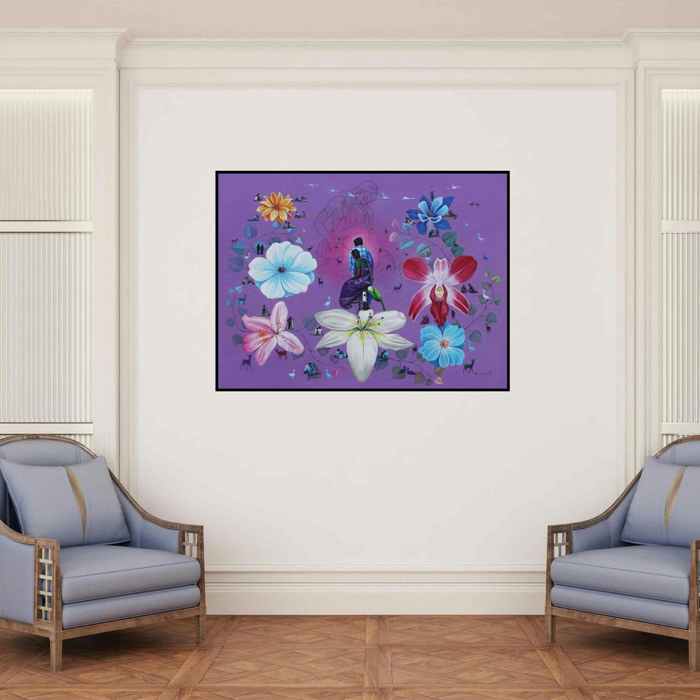 'Untitled 3 (Love in Bloom)' painting by Rawindra Das shown on a wall in a furnished room.