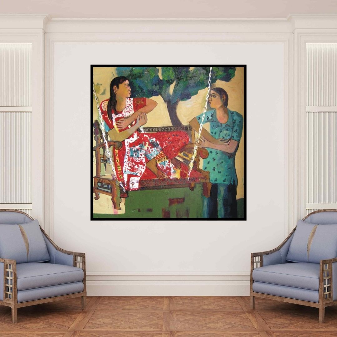 In-situ view of Subhash Babhulkar's 'Untitled 3 (The Enchanting Bird)' painting in a room