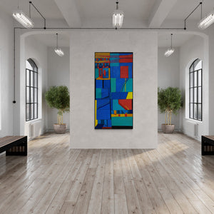 Preview of 'Untitled 3 (Cityscape Rhythm)' Painting by Sunil Ningule shown on a wall in a furnished room.