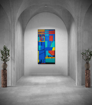 In-situ view of Sunil Ningule's 'Untitled 3 (Cityscape Rhythm)' painting in a room