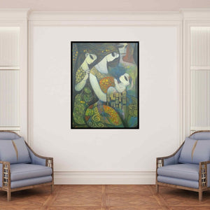 In-situ view of Ramesh Gujar's 'Untitled (The Tapestry of Motherhood)' painting in a room