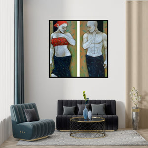 Preview of 'Untitled' Painting by Asit Kumar Patnaik shown on a wall in a furnished room.