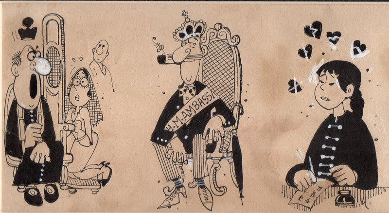 Figurative pen ink drawing titled 'Untitled 312', 3x6 inches, by artist Mario Miranda on Paper