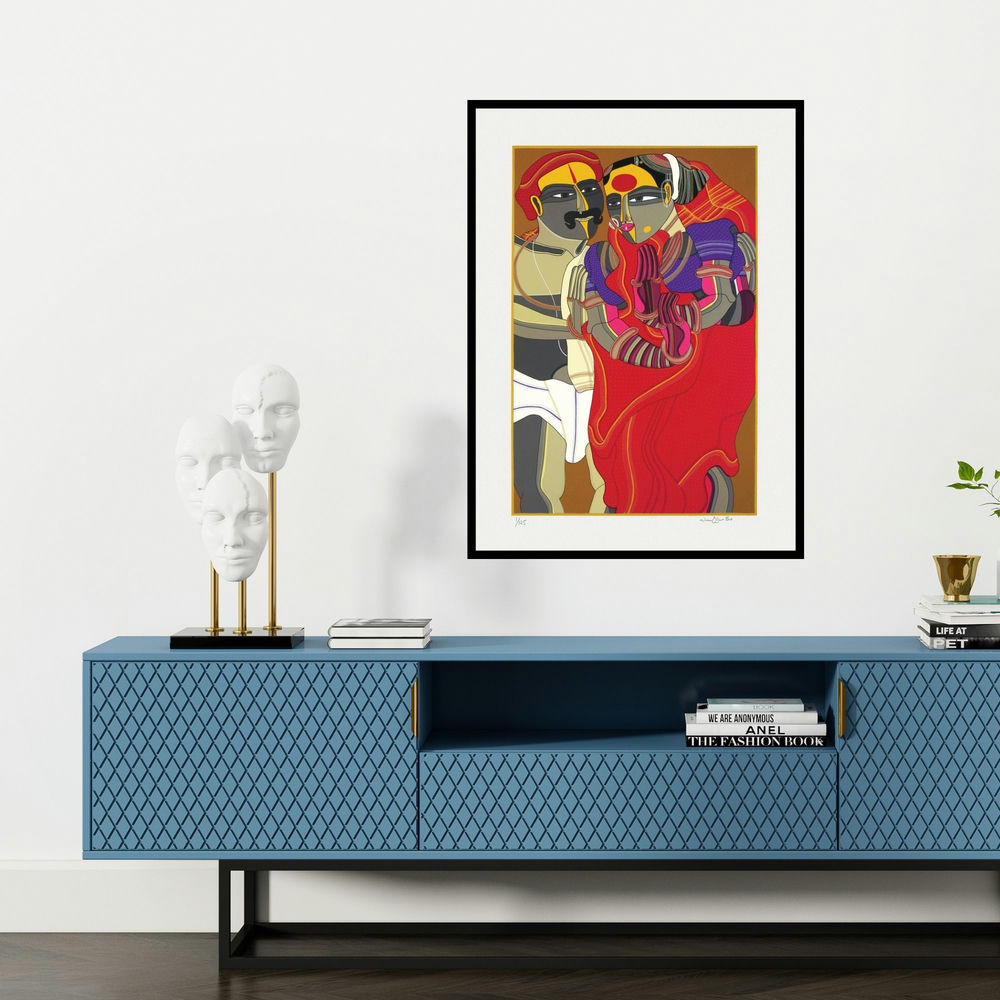 'Untitled' painting by Thota Vaikuntam shown on a wall in a furnished room.