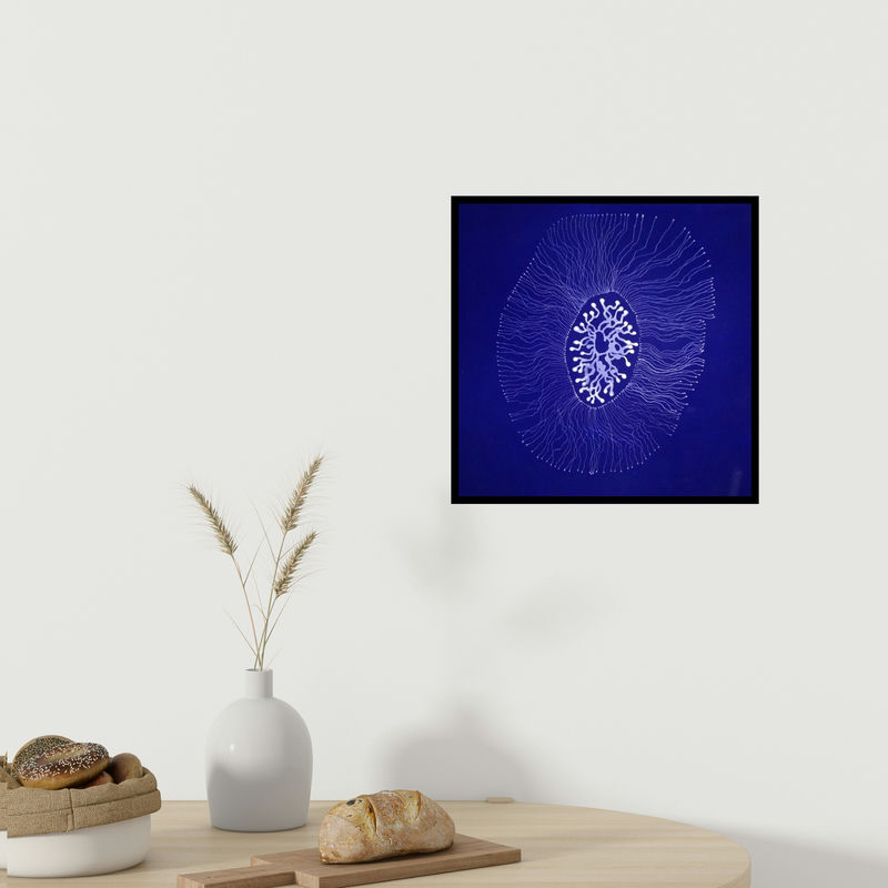 In-situ view of Poonam Biswas's 'Untitled (Jellyfish on Blue)' painting in a room