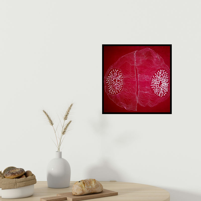 In-situ view of Poonam Biswas's 'Untitled (Jellyfish on Red)' painting in a room