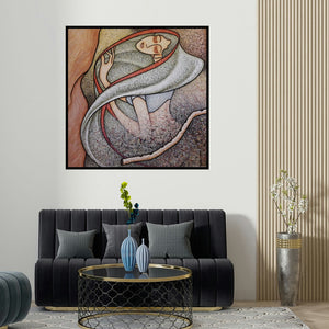 Sibsaday Chaudhuri's 'Untitled (The Veiled Woman)' painting visualized above a sofa in a contemporary room.