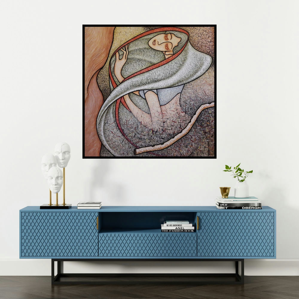 'Untitled (The Veiled Woman)' painting by Sibsaday Chaudhuri shown on a wall in a furnished room.