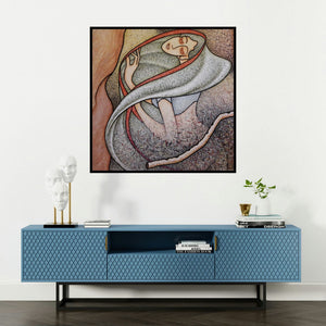 'Untitled (The Veiled Woman)' painting by Sibsaday Chaudhuri shown on a wall in a furnished room.