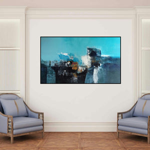 'Untitled' painting by Dnyaneshwar Dhavale shown on a wall in a furnished room.