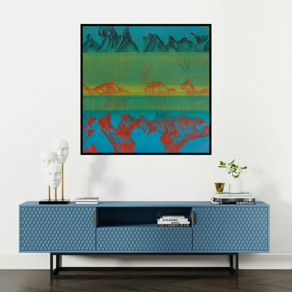 'Untitled 34 (Blue Green Red)' painting by Chandan Bhowmick shown on a wall in a furnished room.