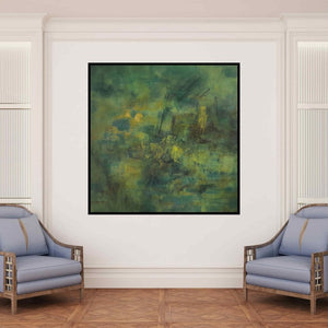 In-situ view of Vipta Kapadia's 'Untitled 34 (Verdant Depths)' painting in a room