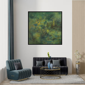 Preview of 'Untitled 34 (Verdant Depths)' Painting by Vipta Kapadia shown on a wall in a furnished room.