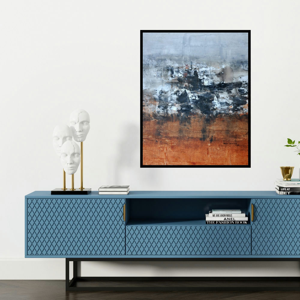 'Untitled (The Earth Awakens)' painting by Balasaheb Abhang shown on a wall in a furnished room.