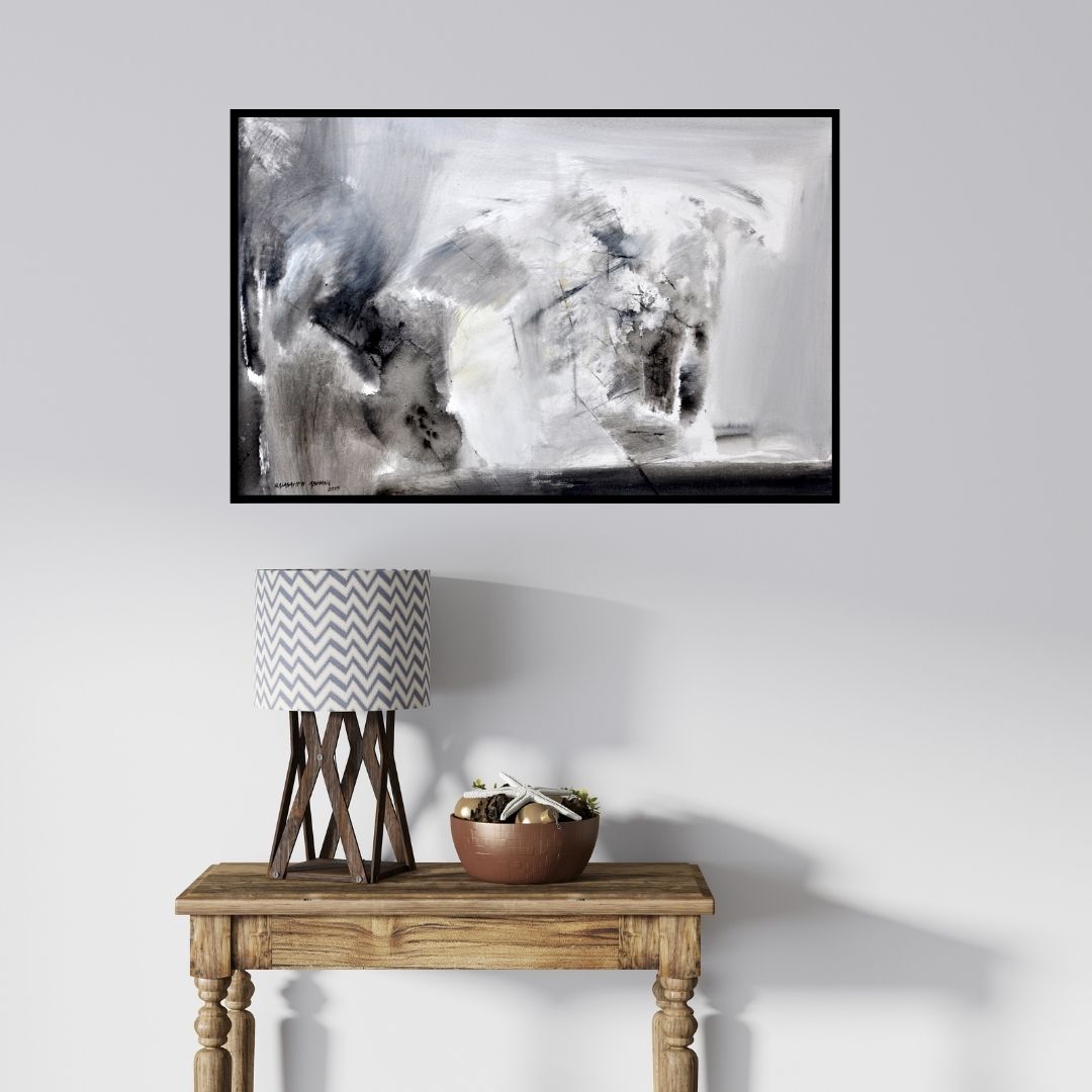 In-situ view of Balasaheb Abhang's 'Untitled (The Veil of Time)' painting in a room