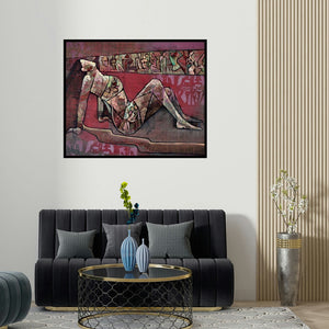 'Untitled (Reclining Figure)' painting by Zalak Bheda shown on a wall in a furnished room.