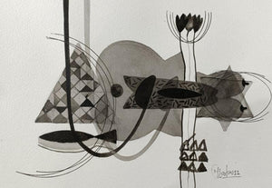 Untitled 350 (Ink-Scapes II) by Narendra Jatav, Original Acrylic Abstract Painting on Paper, X-Small Horizontal Wall Art