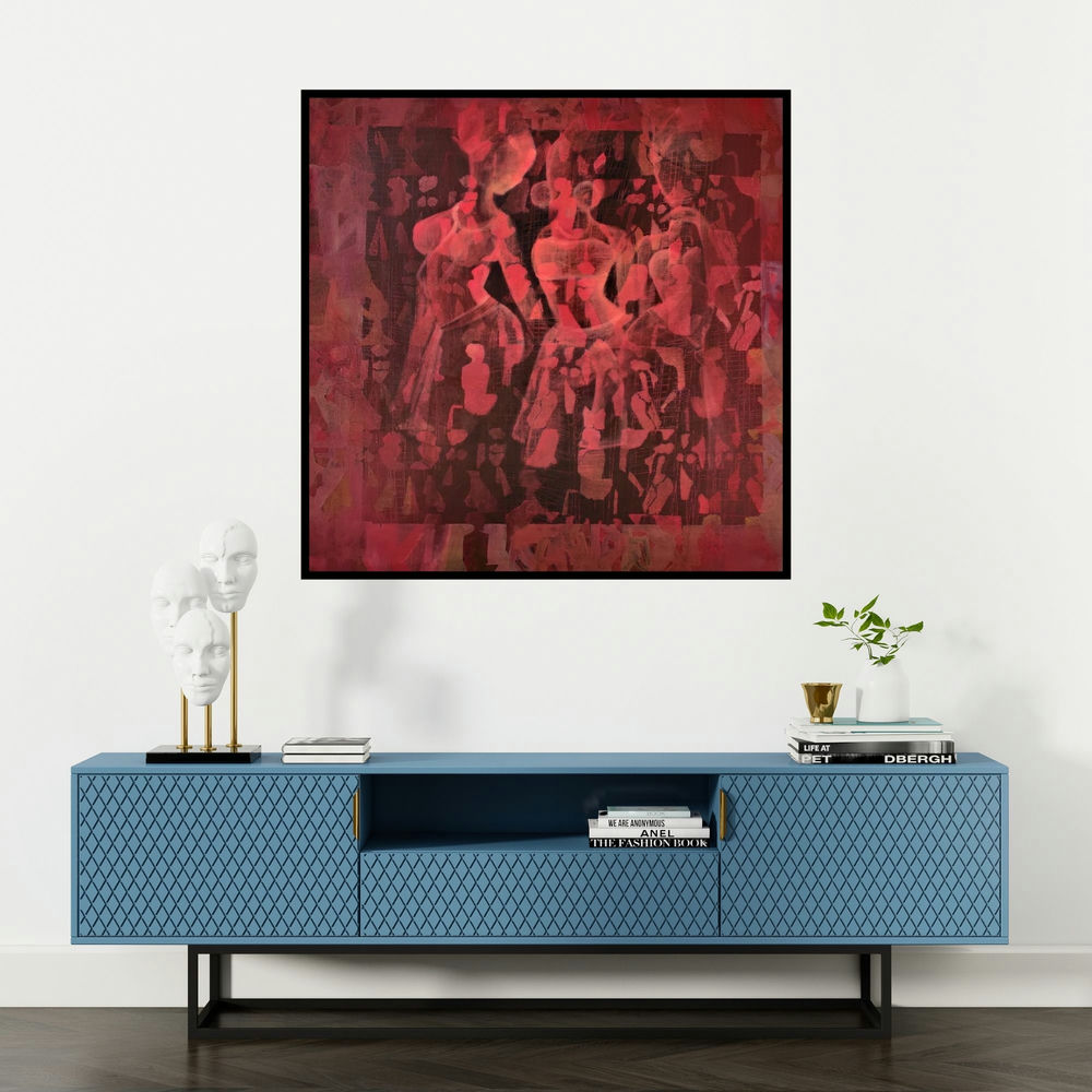 'Untitled (Crimson Figures)' painting by Zalak Bheda shown on a wall in a furnished room.