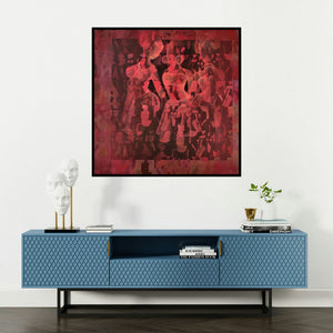 'Untitled (Crimson Figures)' painting by Zalak Bheda shown on a wall in a furnished room.