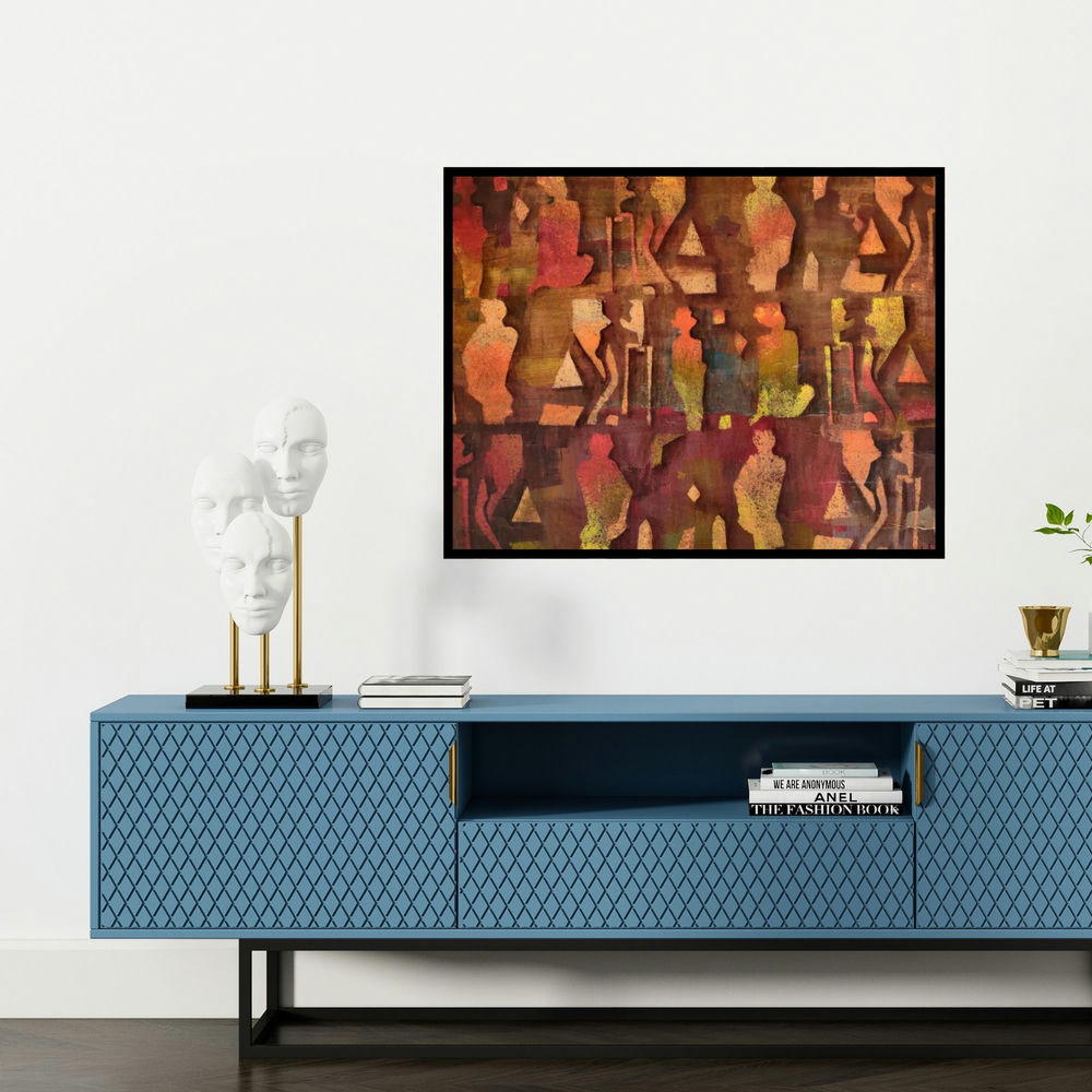 'Untitled (Abstract Gathering)' painting by Zalak Bheda shown on a wall in a furnished room.