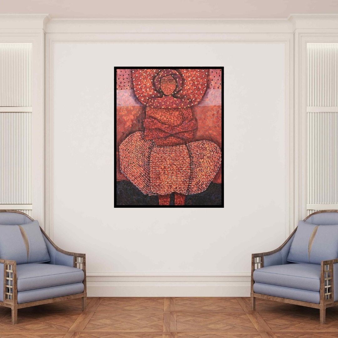 In-situ view of Pravin Randive's 'Untitled (The Red Embrace)' painting in a room
