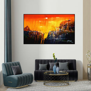 Dnyaneshwar Dhavale's 'Untitled 36 X 60 In Gallery Img' painting visualized above a sofa in a contemporary room.