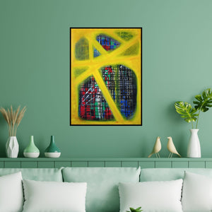 Preview of 'Untitled (The Yellow Grid)' Painting by Niketan Bhalerao shown on a wall in a furnished room.