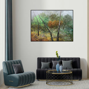 Surya Prakash's 'Untitled (Forest Secrets)' painting visualized above a sofa in a contemporary room.