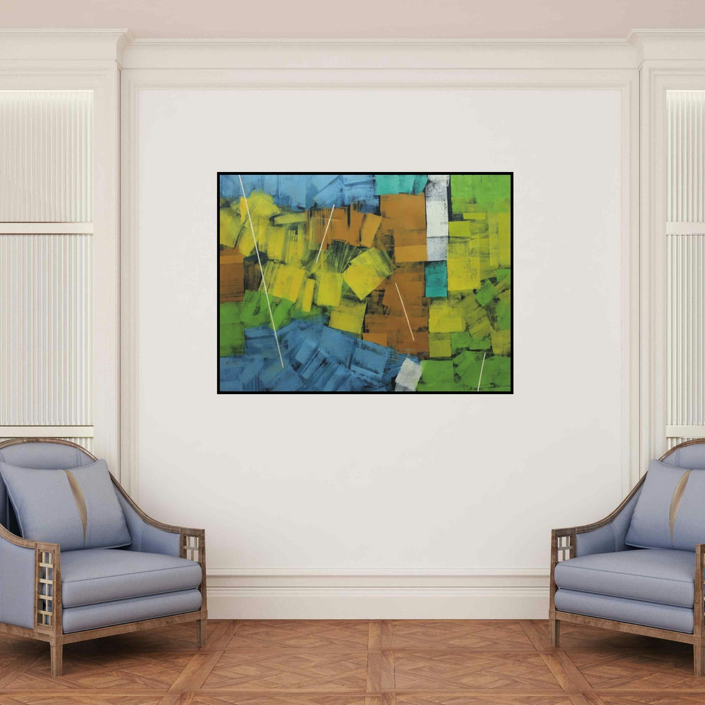 'Untitled 38' painting by Sudhir Talmale shown on a wall in a furnished room.
