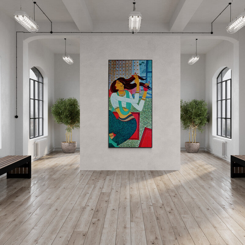 In-situ view of Jayprakash Jagtap's 'Untitled (Morning Ritual)' painting in a room