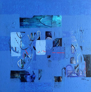 Untitled 39 (Indigo Dreams) by Vivek Nimbolkar, Original Acrylic Abstract Painting on Canvas, Small Square Wall Art