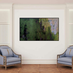 'Untitled 4 (Verdant Echoes)' painting by Ashutosh Apte shown on a wall in a furnished room.