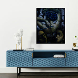 'Untitled 4 (Melodies of the Soul)' painting by Arya Chowdhury shown on a wall in a furnished room.