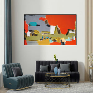 Vikas Malhara's 'Untitled 4 (The Dance of Colors)' painting visualized above a sofa in a contemporary room.